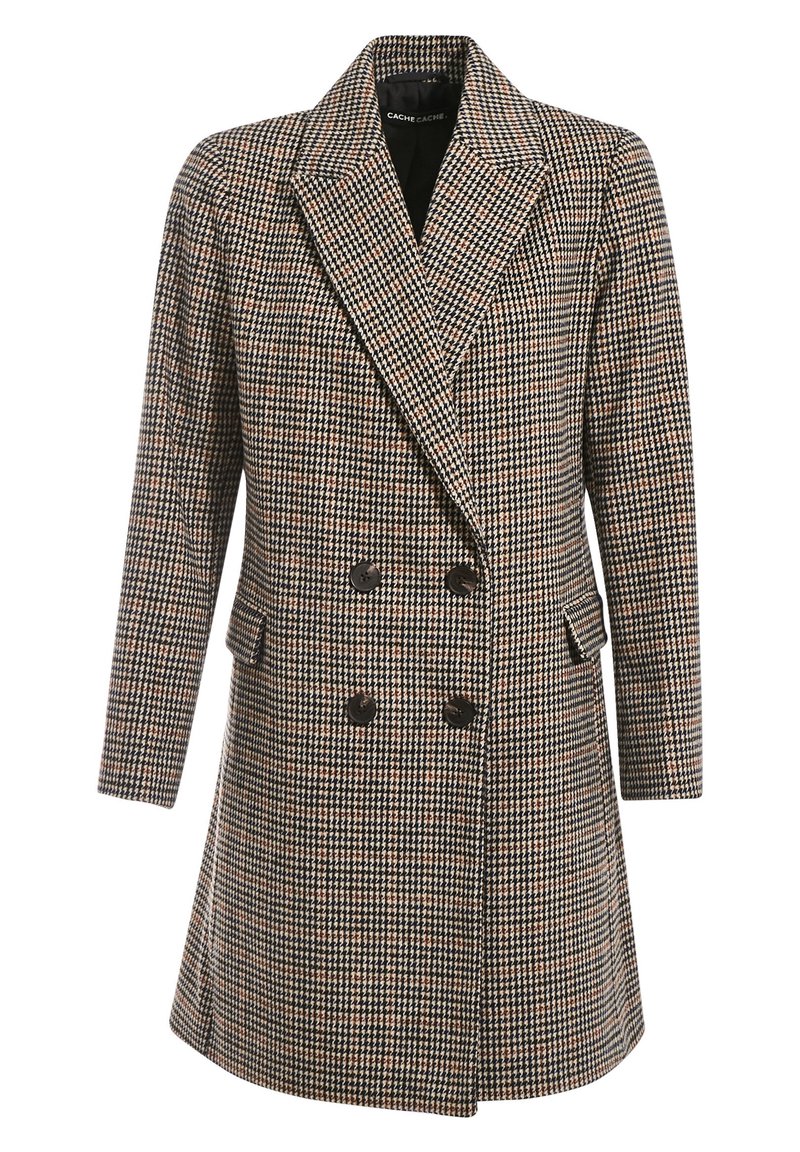 Manteau en laine mélangée à carreaux marron et noir avec un design croisé, grands revers, deux poches avant et boutons noirs.