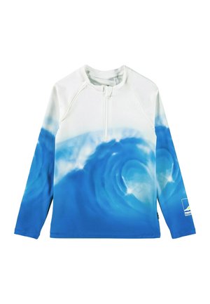 Długosleeve rash guard w kolorze białym z gradientem niebieskim, z wirującymi wzorami fal i przednim zamkiem ćwiartkowym. Wykonany z gładkiego, elastycznego materiału.