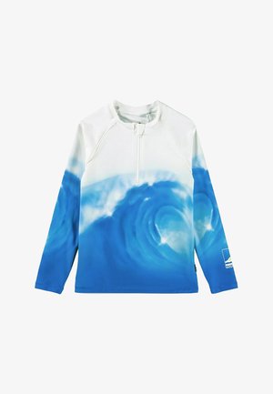 Długosleeve rash guard w kolorze białym z gradientem niebieskim, z wirującymi wzorami fal i przednim zamkiem ćwiartkowym. Wykonany z gładkiego, elastycznego materiału.