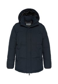 Chaqueta acolchada de color azul oscuro con capucha, cierre frontal de cremallera y dos bolsillos laterales. Presenta una textura suave y un diseño minimalista.