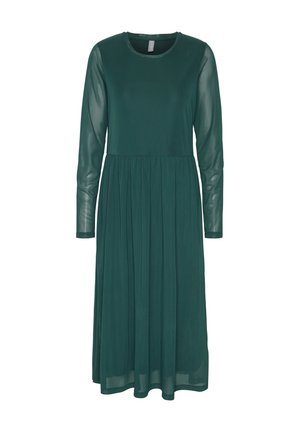 Green long-sleeve dress with a fitted bodice, flared skirt, and sheer sleeves. Smooth texture and round neckline.