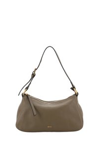Olive green leather handbag with a textured finish, gold-tone hardware, adjustable strap, and zip closure. Brand name embossed on the front.