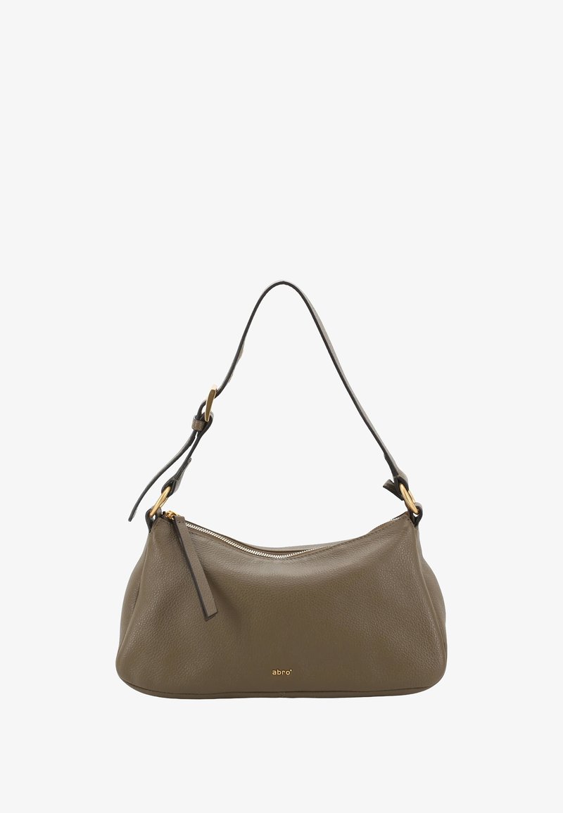 Olive green leather handbag with a textured finish, gold-tone hardware, adjustable strap, and zip closure. Brand name embossed on the front.