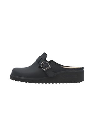 Schwarzer Slip-On-Clog mit abgerundeter Spitze, verstellbarem Schnallenriemen und profilierter Sohle.