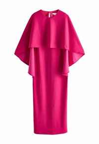 Różowa sukienka z warstwowymi rękawami w kształcie peleryny, okrągłym dekoltem i wycięciem z tyłu. Wykonana z gładkiego materiału o zwiewnym kroju, sięgająca do kolan.