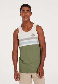 Green tank top with white, gray, and light blue horizontal stripes. Features a logo in the center. Soft fabric with a relaxed fit.