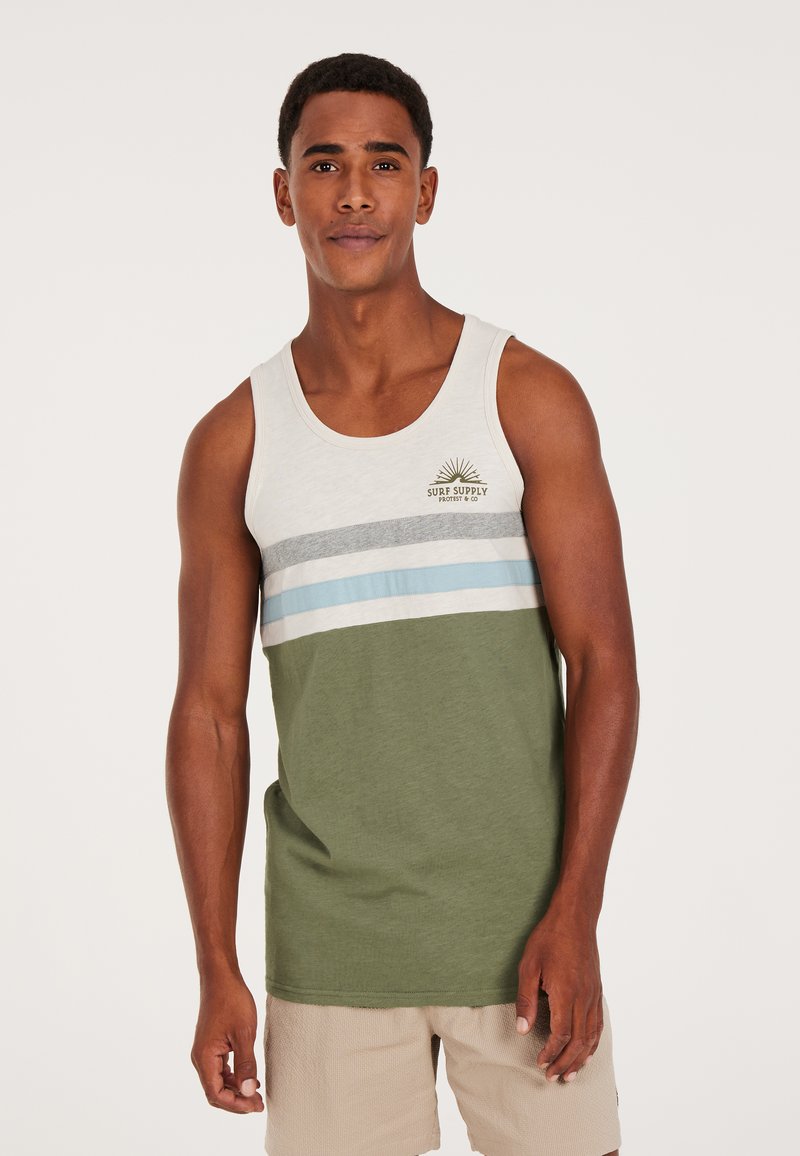 Green tank top with white, gray, and light blue horizontal stripes. Features a logo in the center. Soft fabric with a relaxed fit.