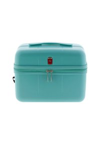 Estuche cosmético rectangular de material rígido color turquesa con asa en la parte superior, cierre de doble cremallera y logo rojo de Gladiador en la parte frontal.