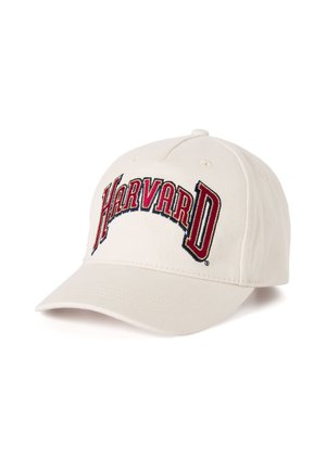 Cappello da baseball in cotone color crema con logo ricamato "HARVARD" in rosso scuro e blu navy, visiera curva, cinturino regolabile sul retro.