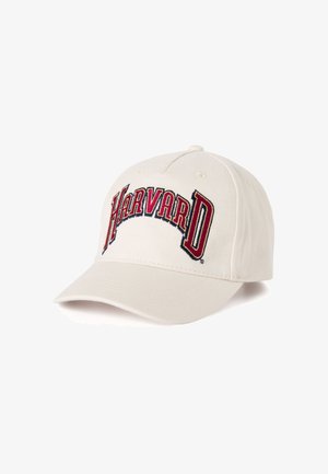 Baumwoll-Baseballmütze in Creme mit gesticktem "HARVARD"-Logo in Dunkelrot und Marineblau, gebogenen Schirm, verstellbarem Riemen auf der Rückseite.
