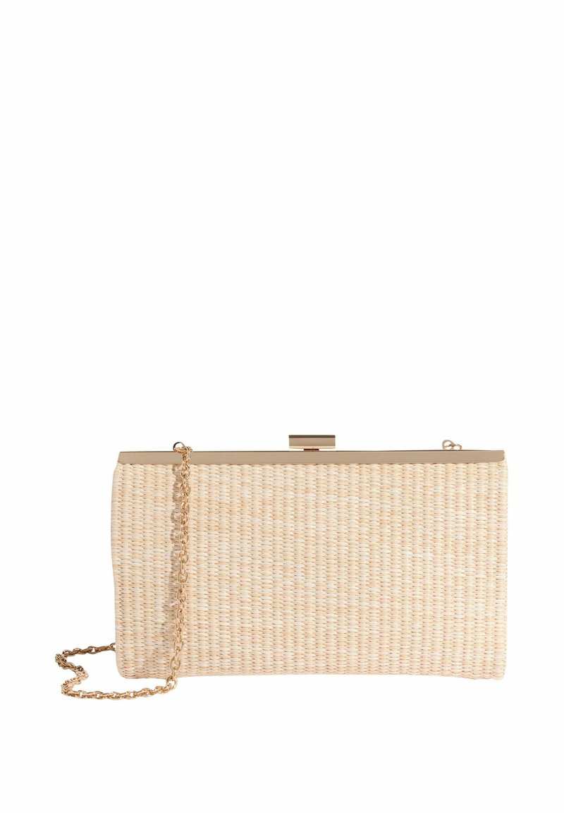 Geflochtener Strohbogen mit goldfarbenem Metallrahmen und Kettenriemen. Rechteckige Form in hellbeige mit strukturierter Oberfläche.