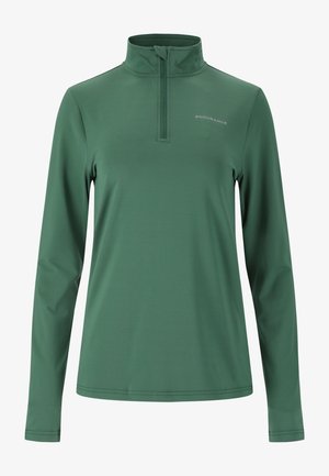 Langärmliges, kurzreißverschluss Top aus dunkelgrünem Stoff. Mit hohem Kragen und dezentem Logo-Detail, glatter Textur und taillierter Passform.