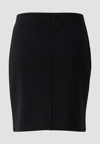 Zwarte nauwsluitende minirok gemaakt van rekbare stof met een gladde textuur. Heeft een naadloze taille en een strak, gestroomlijnd silhouet.