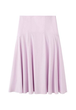 Falda midi de color lila claro con cintura alta, detalles de costuras y dobladillo acampanado.