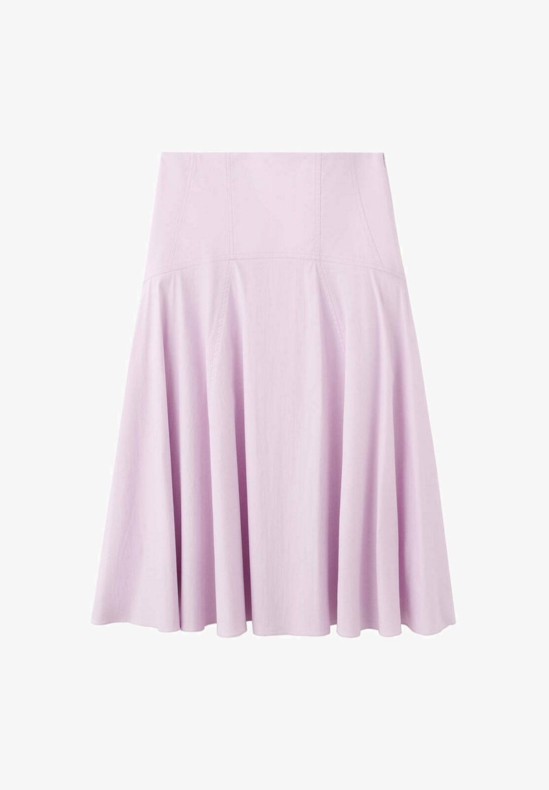 Jupe midi violet clair avec taille haute, détails de coutures et ourlet évasé.