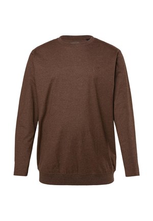 Bruine langmouwen sweatshirts met ronde hals, gemaakt van zachte stof met ribbels aan de manchetten en onderrand. Bevat een klein reliëflogo op de borst.
