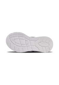 Witte rubberen sneakerzool met een textuurpatroon voor grip. Heeft contourlijnen en een ronde neus. Merkenlogo is op de zijkant aanwezig.