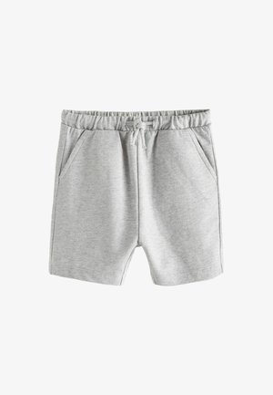 Graue Baumwollshorts mit einem elastischen Bund, Zugbanddetails und zwei Seitentaschen. Glatte Textur, oberschenkel-lange Länge.