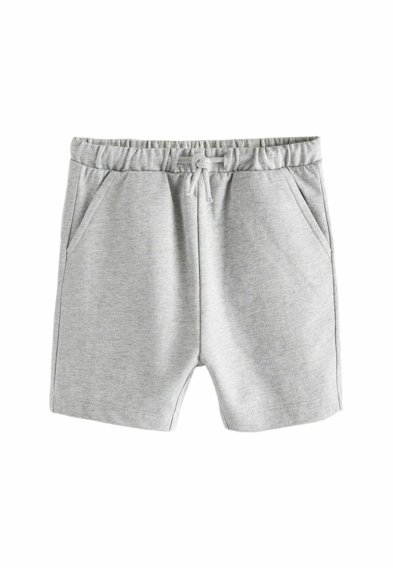 Shorts en coton gris avec une taille élastique, un cordon de serrage, et deux poches latérales. Texture lisse, longueur mi-cuisse.