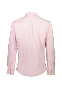 Lichtroze linnen overhemd met lange mouwen, met knoopmanchetten, een rugdetails, gladde textuur en een afgeronde zoom. Eenvoudig ontwerp zonder patronen.
