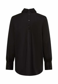 Maglietta nera a maniche lunghe con colletto a camicia, caratterizzata da uno schienale plissettato e maniche con polsini e bottoni neri. Tessuto dal tocco liscio.
