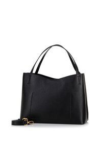 Schwarze Leder-Totetasche mit strukturiertem Oberflächen, zwei Tragegriffen, einem Innenfach und einem abnehmbaren Riemen. Minimalistisches Design ohne sichtbare Beschläge.