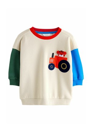 Sudadera beige para niños con cuello rojo, manga izquierda verde, manga derecha azul y diseño de tractor rojo con tigre en el frente.