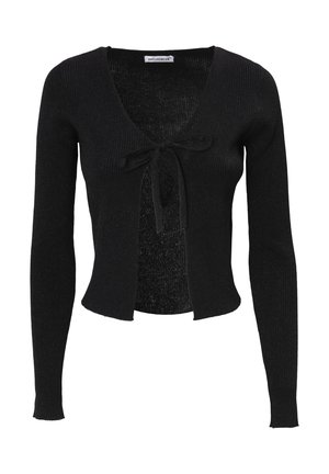 Schwarze gerippte Strickjacke mit langen Ärmeln, V-Ausschnitt und Bindeschluss vorne. Strukturierter Strickstoff mit leicht verkürztem Schnitt. Keine sichtbaren Verschlüsse.