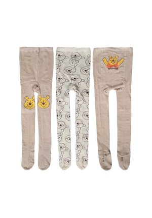 Drei Paar Kinderstrumpfhosen, zwei beige mit Winnie Puuh-Motiven, eine weiße mit Bärengesichtern überall.