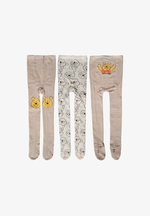 Tre paia di collant per bambini, due beige con disegni di Winnie the Pooh, uno bianco con facce di orso ovunque.