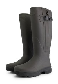 Donkergrijze waterdichte rubberen laarzen met een gestructureerde afwerking, hoge schacht en een zijgesp voor een verstelbare pasvorm. Dikke, gegroefde zool voor grip.