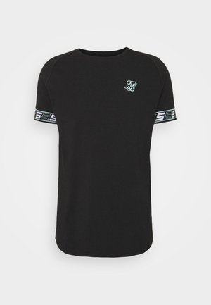 Sort T-shirt med korte ærmer, rund halsudskæring, kontrastfarvet kant på ærmerne og et lille grafisk logo på brystet.