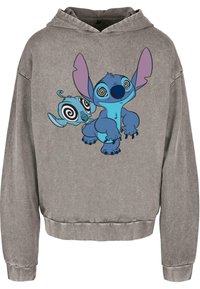Felpa con cappuccio grigia con un grafiche di due personaggi dei cartoni animati blu con occhi a spirale. Tessuto in misto cotone, polsini a costine.