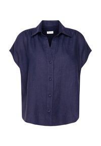 Chemise en lin bleu marine avec col, manches courtes et décolleté en V, dotée d'une fermeture à boutons à l'avant et d'une coupe décontractée.