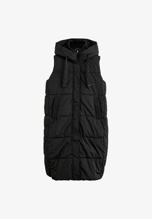 Gilet sans manches noir en duvet avec capuche, texture matelassée, fermeture éclair à l'avant, deux poches latérales et cordons de réglage au niveau du cou.