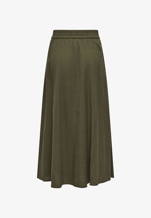 Olivo zelena midi krilo z elastičnim pasom, mehka tekoča tkanina in sproščena A-linijska silhueta.