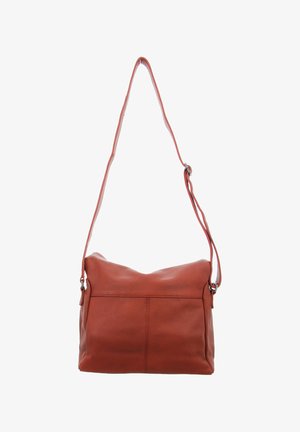 Schultertasche aus rostfarbenem Leder mit verstellbarem Riemen und weicher, leicht strukturierter Oberfläche, präsentiert vor weißem Hintergrund.