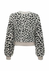 Kort tröja med ett svartvitt leopardtrycksmönster, långa puffärmar samt ribbat fåll och manschetter. Stickad textur.