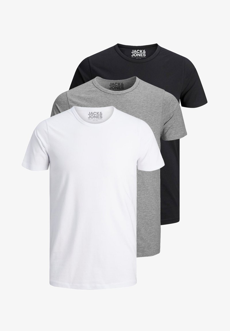 Drei kurzärmelige T-Shirts in Weiß, Grau und Schwarz, mit Rundhalsausschnitten und einer glatten Baumwolloberfläche. Markenschild auf den Kragen sichtbar.