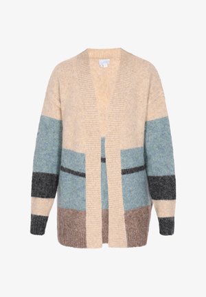 Cardigan realizzato in un morbido tessuto testurizzato nei colori beige, blu, grigio e marrone. Caratterizzato da una vestibilità ampia con apertura frontale e dettagli a costine.