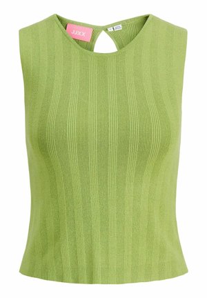 Bezruký žebrovaný pletený top světle zelené barvy s kulatým výstřihem a malým vykrojením na zádech, velikost malá, vyrobeno v Bangladéši.