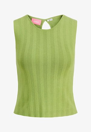 Bezruký žebrovaný pletený top světle zelené barvy s kulatým výstřihem a malým vykrojením na zádech, velikost malá, vyrobeno v Bangladéši.