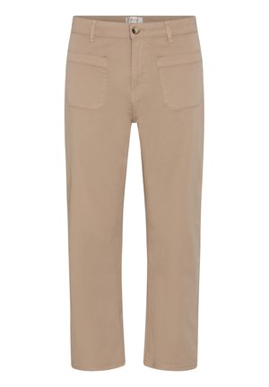 Beige bukser med lige ben, forlommer, bæltestropper og knaplukning i taljen, vist på en hvid baggrund.