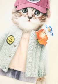 Un lindo gato con un chaleco de punto en verde menta con un parche sonriente, adornado con un acento floral en naranja y azul, usando una gorra rosa.