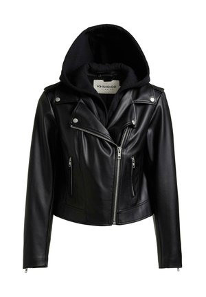 Schwarze Bikerjacke aus Kunstleder mit Frontreißverschluss, seitlichen Reißverschlusstaschen, Kragen mit Druckknöpfen und angenähter schwarzer Kapuze.