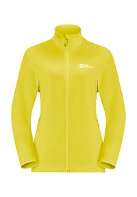 Geel fleece jack met hoge kraag, volledige ritssluiting en zijzakken. Bevat een logo op de linkerkant van de borst. Soepele textuur en aangesloten design.