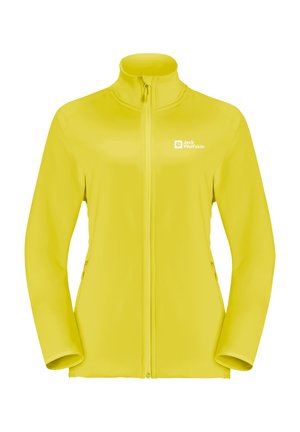 Gelbe Fleecejacke mit hochschließendem Kragen, durchgehendem Reißverschluss und seitlichen Taschen. Verfügt über ein Logo auf der linken Brust. Glatte Textur und figurbetontes Design.