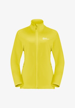 Gelbe Fleecejacke mit hochschließendem Kragen, durchgehendem Reißverschluss und seitlichen Taschen. Verfügt über ein Logo auf der linken Brust. Glatte Textur und figurbetontes Design.