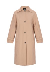 Beige Trenchcoat mit Kragen, vorderer Knopfleiste und seitlichen Taschen. Verfügt über lange Ärmel mit verstellbaren Manschetten und einem glatten, leichten Stoff.