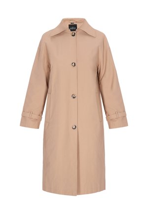 Bežový trenčkot s golierom, prednými gombíkmi a bočnými vreckami. Obsahuje dlhé rukávy s nastaviteľnými manžetami a hladkú, ľahkú tkaninu.